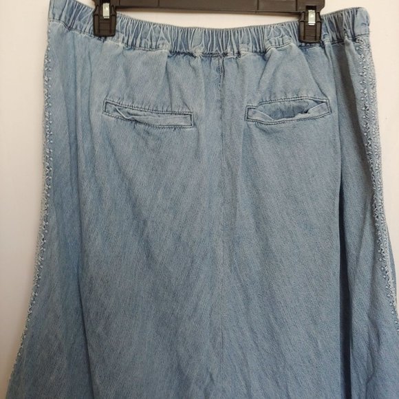 Reba Maxi denim skirt embroidery & contrasting fabric patch pockets size 12 zip - Picture 10 of 16